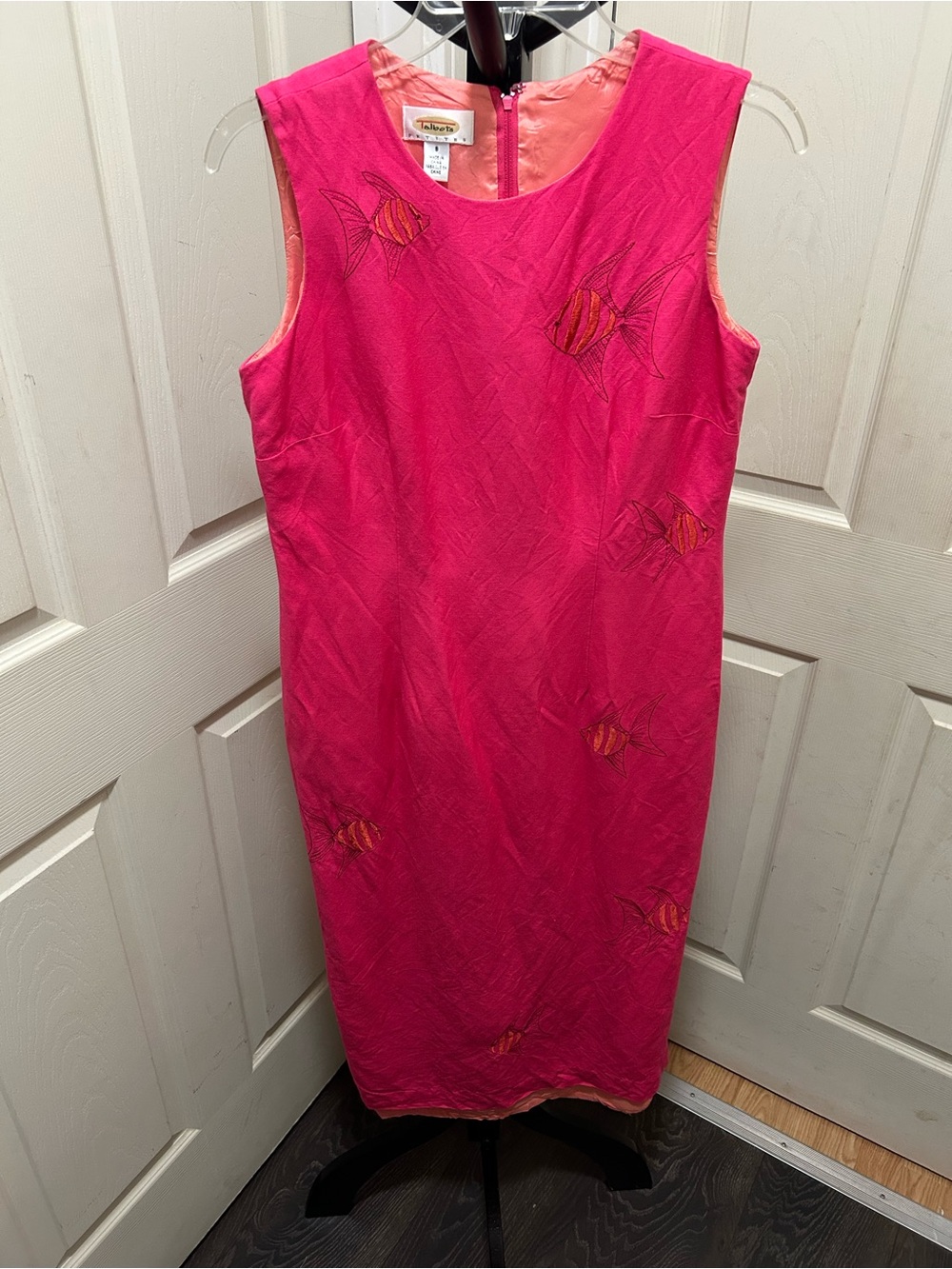 Talbots Vintage Pink Linen Embroidered Fish Maxi Sheath Dress